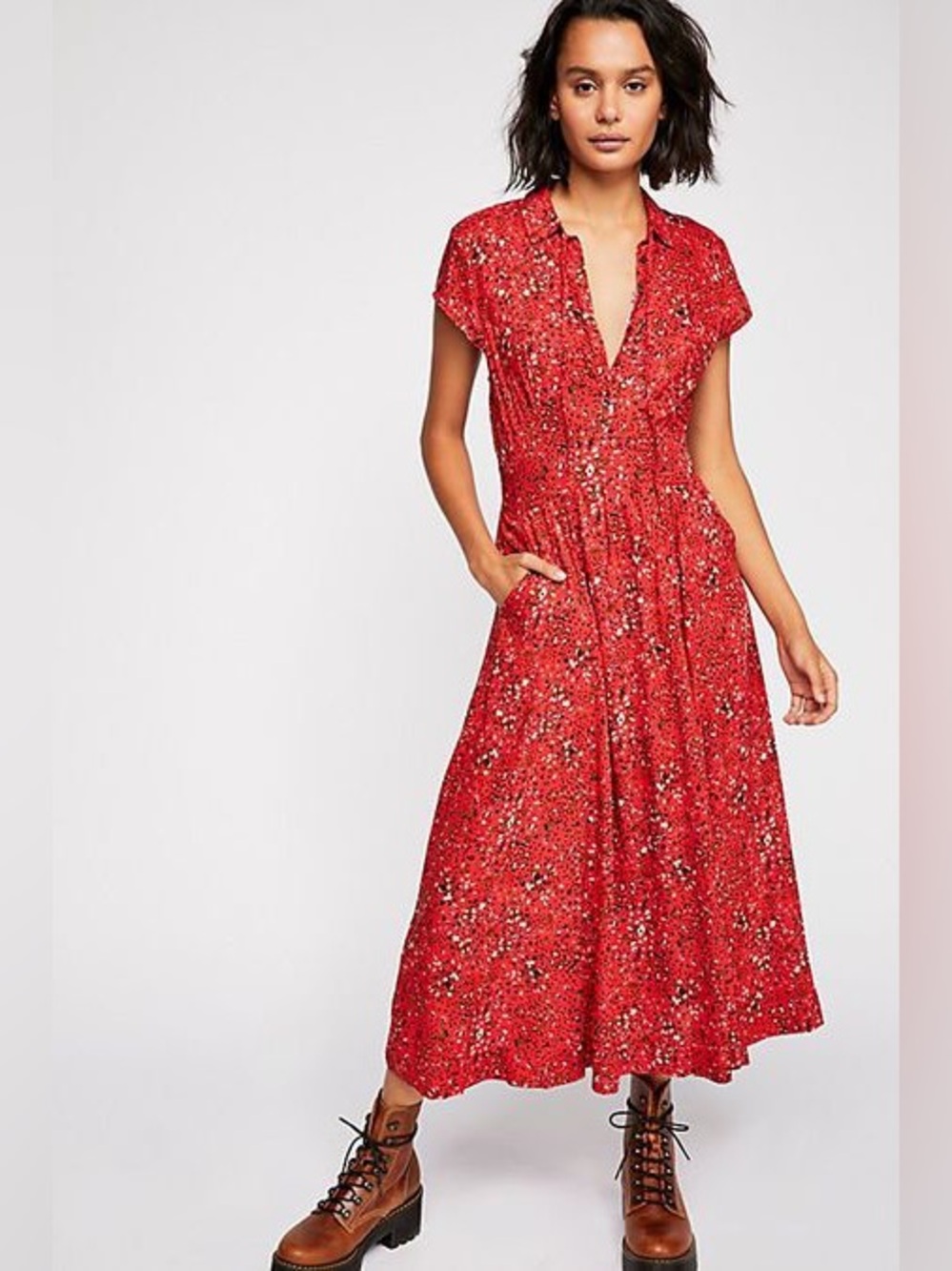 Free People Red Animal Print Midi Length Shirt Dress OB750639 Size 0 EUC